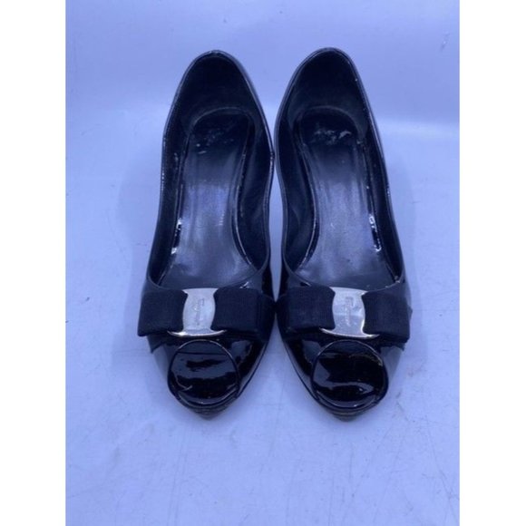 Salvatore Ferragamo Black Ribes Open Toe Bow Pumps Size Us - Picture 6 of 12